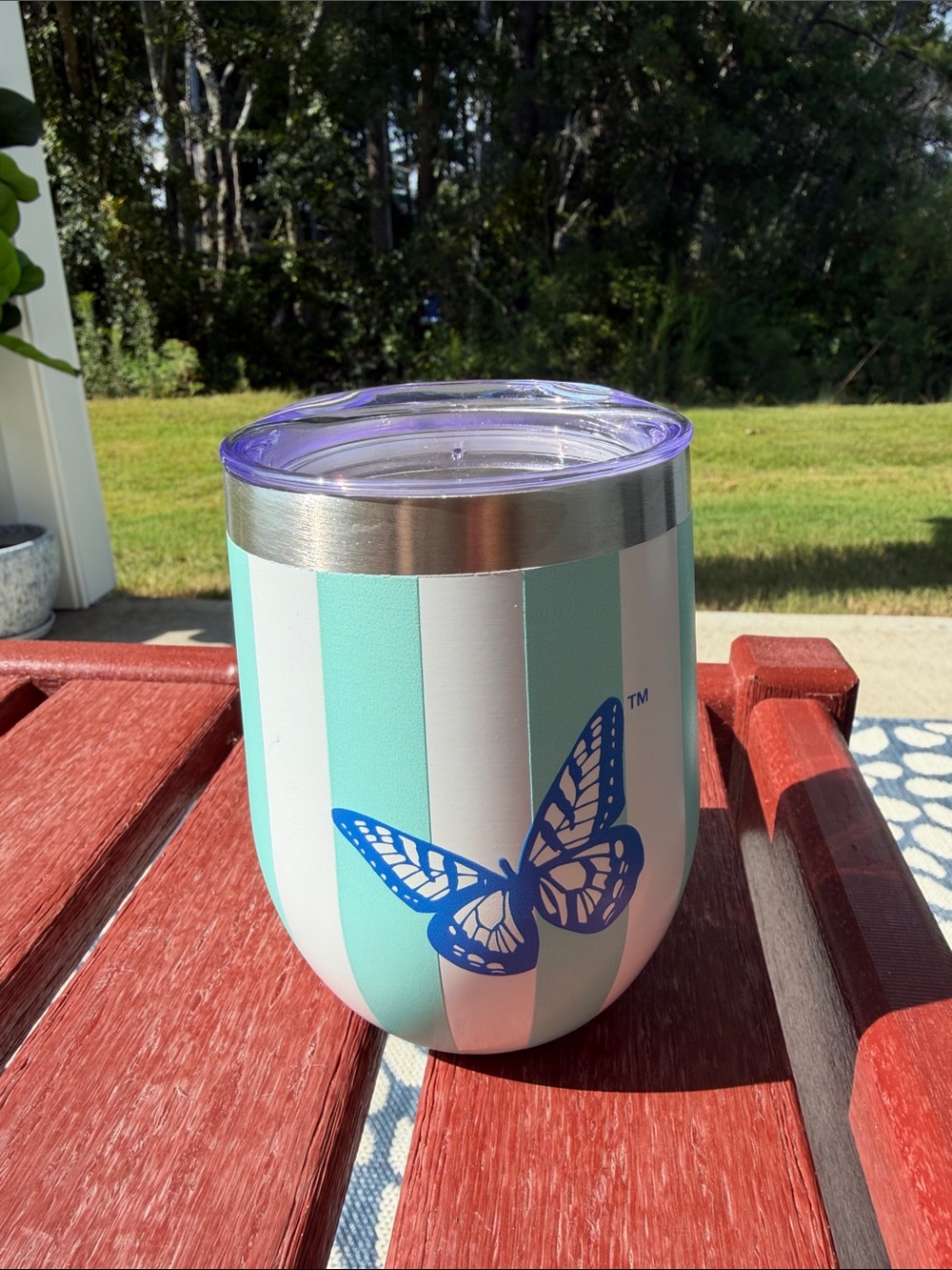 Dolly Parton Mint & White Striped Insulated Tumbler with Blue Butterfly